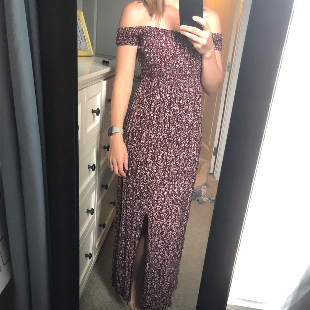 Patterned off the shoulder maxi dress